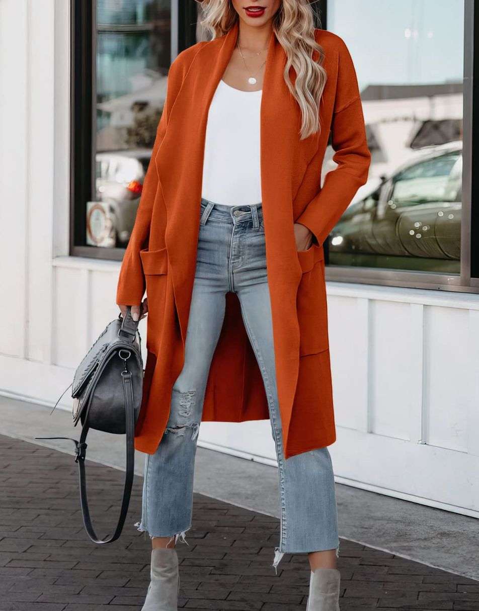 ANRABESS Damen Freizeit Langarm Drapierter Offener Strick Cardigan Jacken Pullover mit Taschen