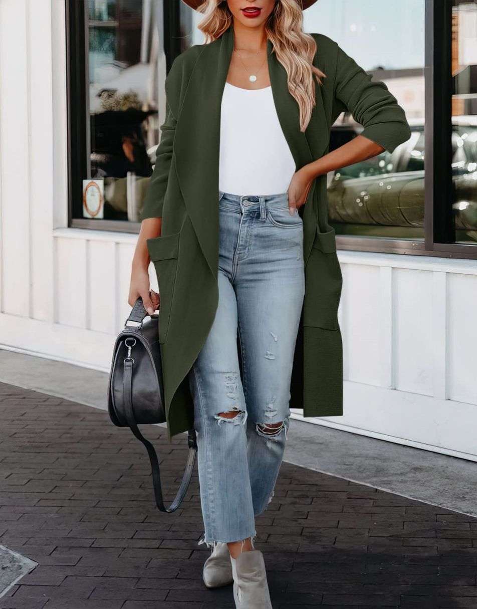 ANRABESS Damen Freizeit Langarm Drapierter Offener Strick Cardigan Jacken Pullover mit Taschen