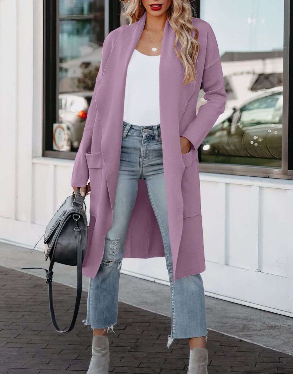 ANRABESS Damen Freizeit Langarm Drapierter Offener Strick Cardigan Jacken Pullover mit Taschen