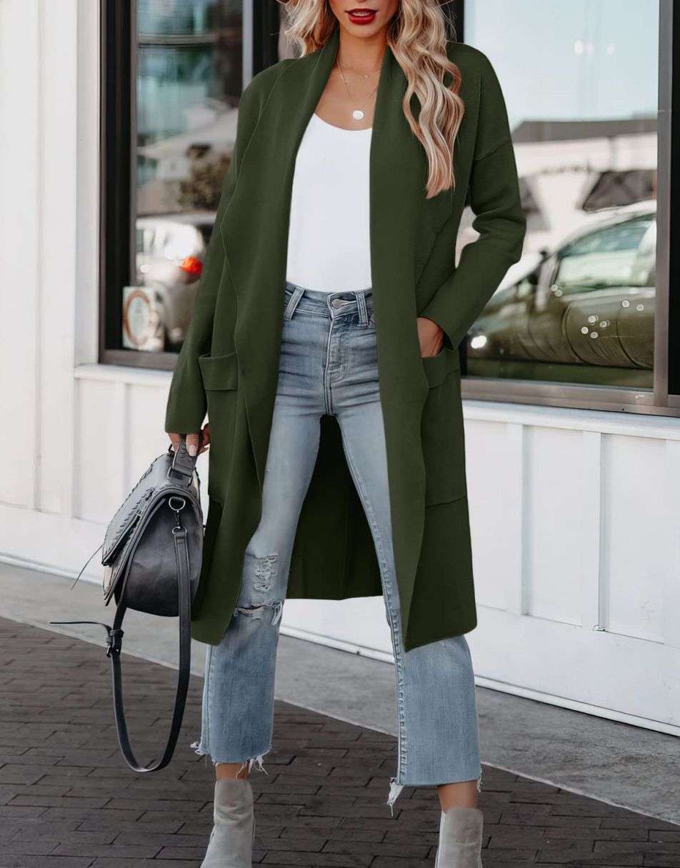 ANRABESS Damen Freizeit Langarm Drapierter Offener Strick Cardigan Jacken Pullover mit Taschen