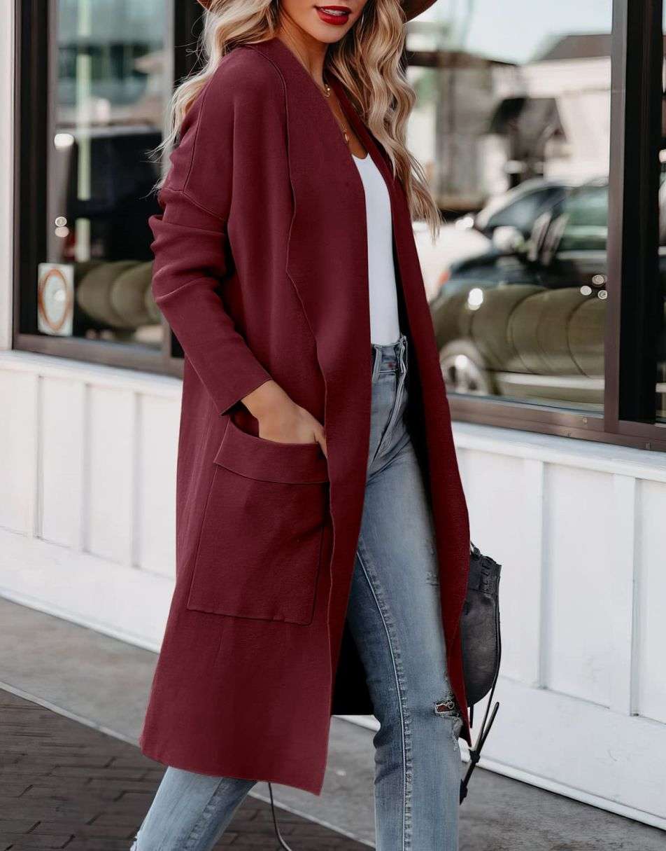 ANRABESS Damen Freizeit Langarm Drapierter Offener Strick Cardigan Jacken Pullover mit Taschen