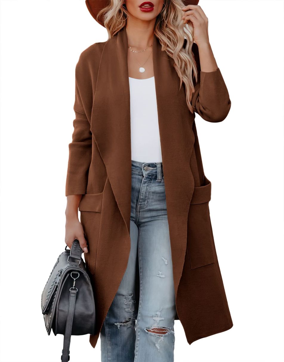 ANRABESS Damen Freizeit Langarm Drapierter Offener Strick Cardigan Jacken Pullover mit Taschen
