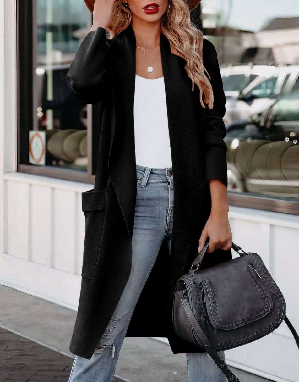 ANRABESS Damen Freizeit Langarm Drapierter Offener Strick Cardigan Jacken Pullover mit Taschen