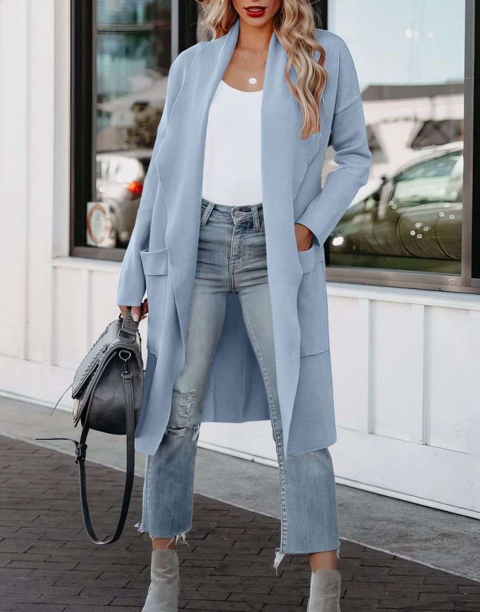 ANRABESS Damen Freizeit Langarm Drapierter Offener Strick Cardigan Jacken Pullover mit Taschen