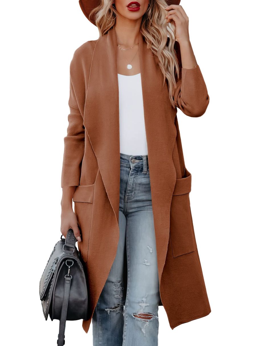 ANRABESS Damen Freizeit Langarm Drapierter Offener Strick Cardigan Jacken Pullover mit Taschen