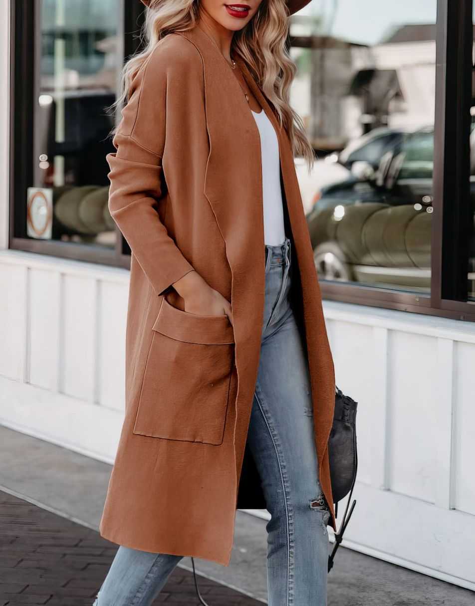 ANRABESS Damen Freizeit Langarm Drapierter Offener Strick Cardigan Jacken Pullover mit Taschen