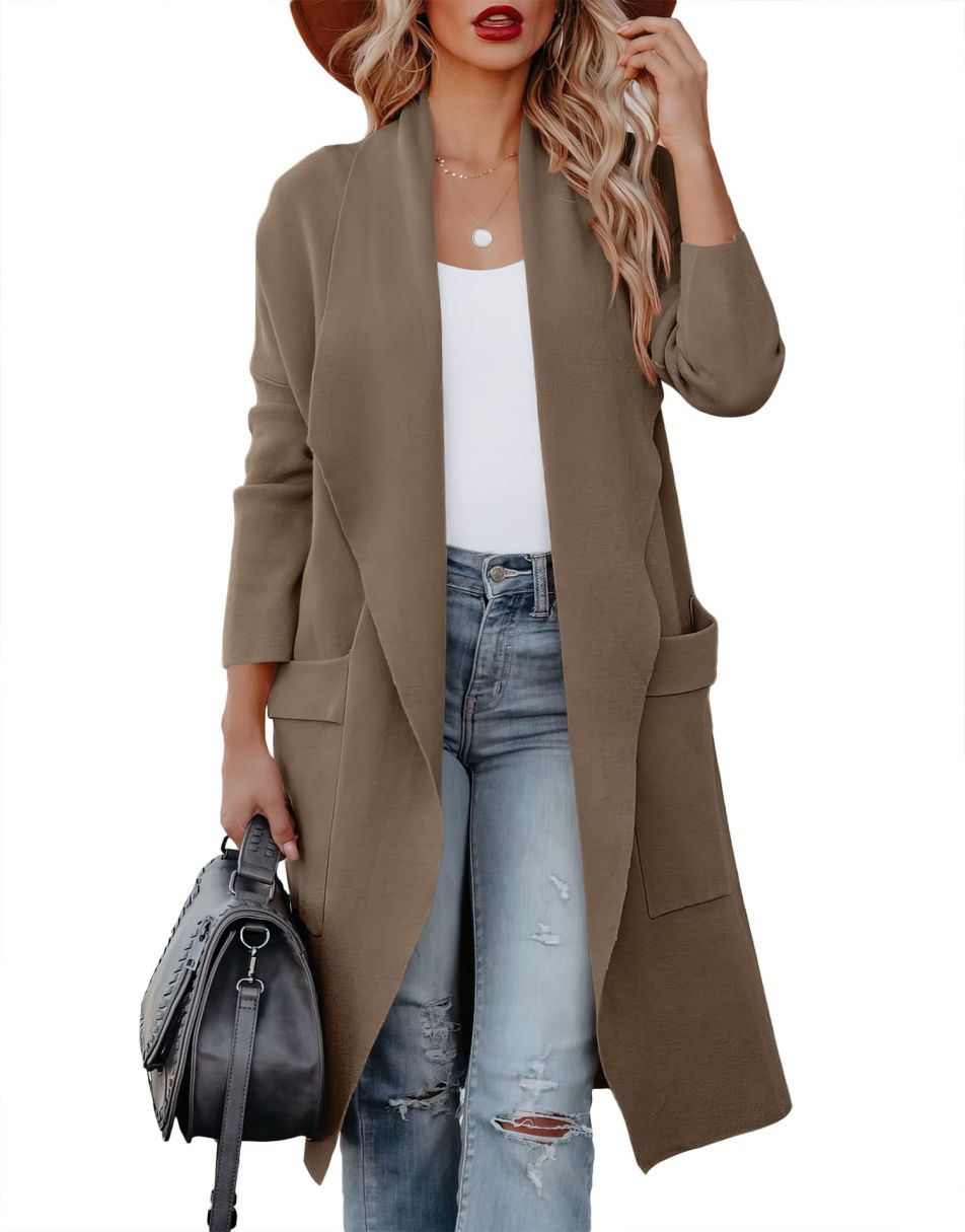 ANRABESS Damen Freizeit Langarm Drapierter Offener Strick Cardigan Jacken Pullover mit Taschen