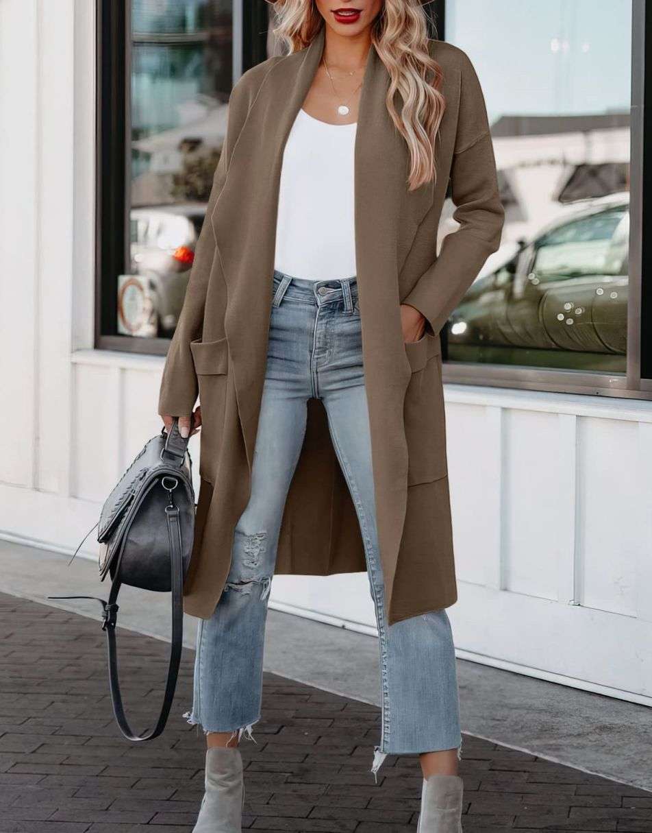 ANRABESS Damen Freizeit Langarm Drapierter Offener Strick Cardigan Jacken Pullover mit Taschen