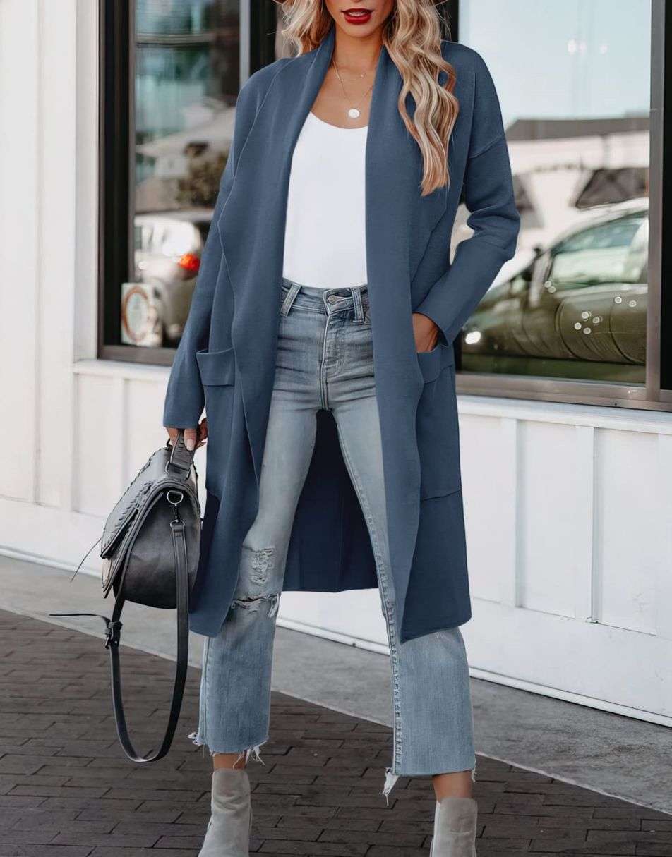ANRABESS Damen Freizeit Langarm Drapierter Offener Strick Cardigan Jacken Pullover mit Taschen