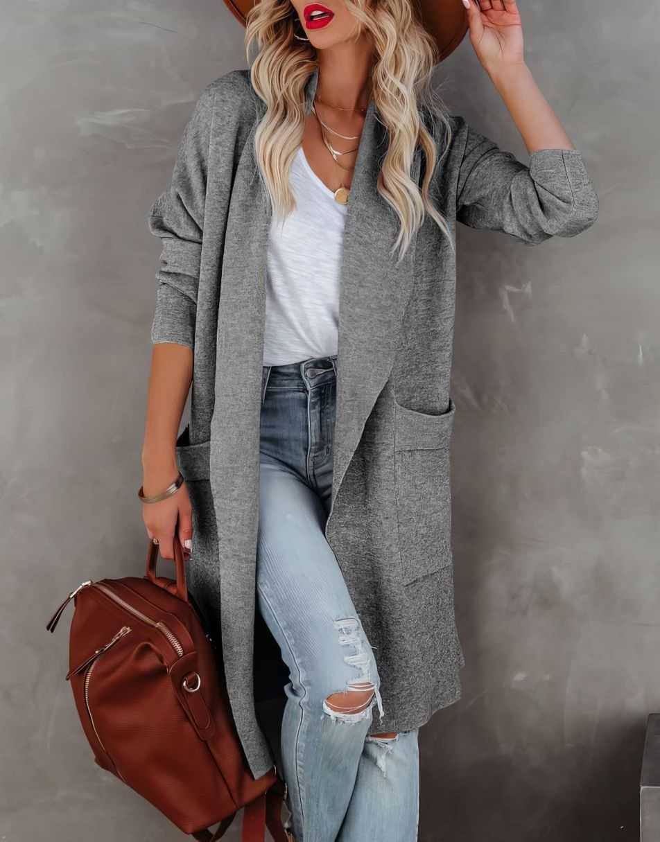 ANRABESS Damen Freizeit Langarm Drapierter Offener Strick Cardigan Jacken Pullover mit Taschen