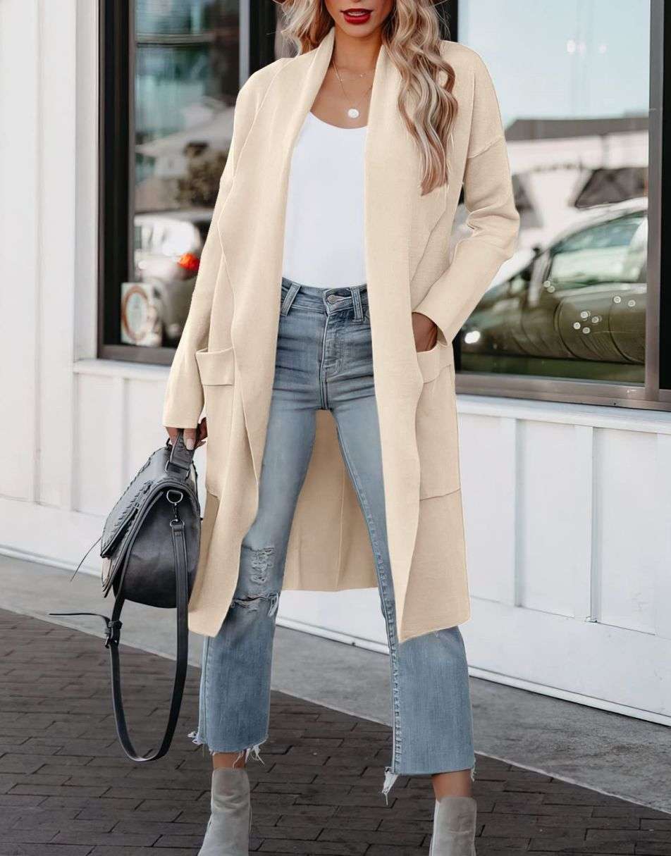 ANRABESS Damen Freizeit Langarm Drapierter Offener Strick Cardigan Jacken Pullover mit Taschen