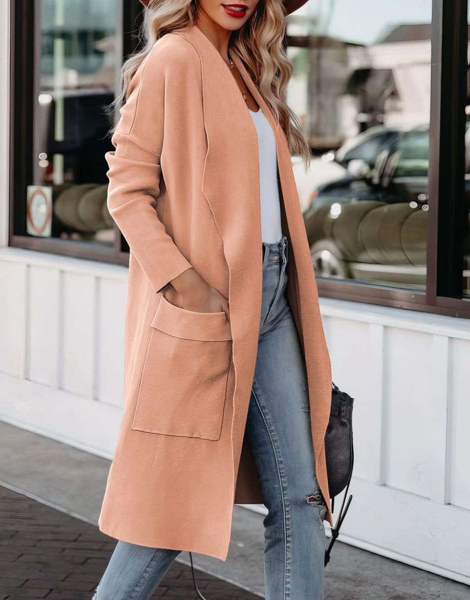ANRABESS Damen Freizeit Langarm Drapierter Offener Strick Cardigan Jacken Pullover mit Taschen