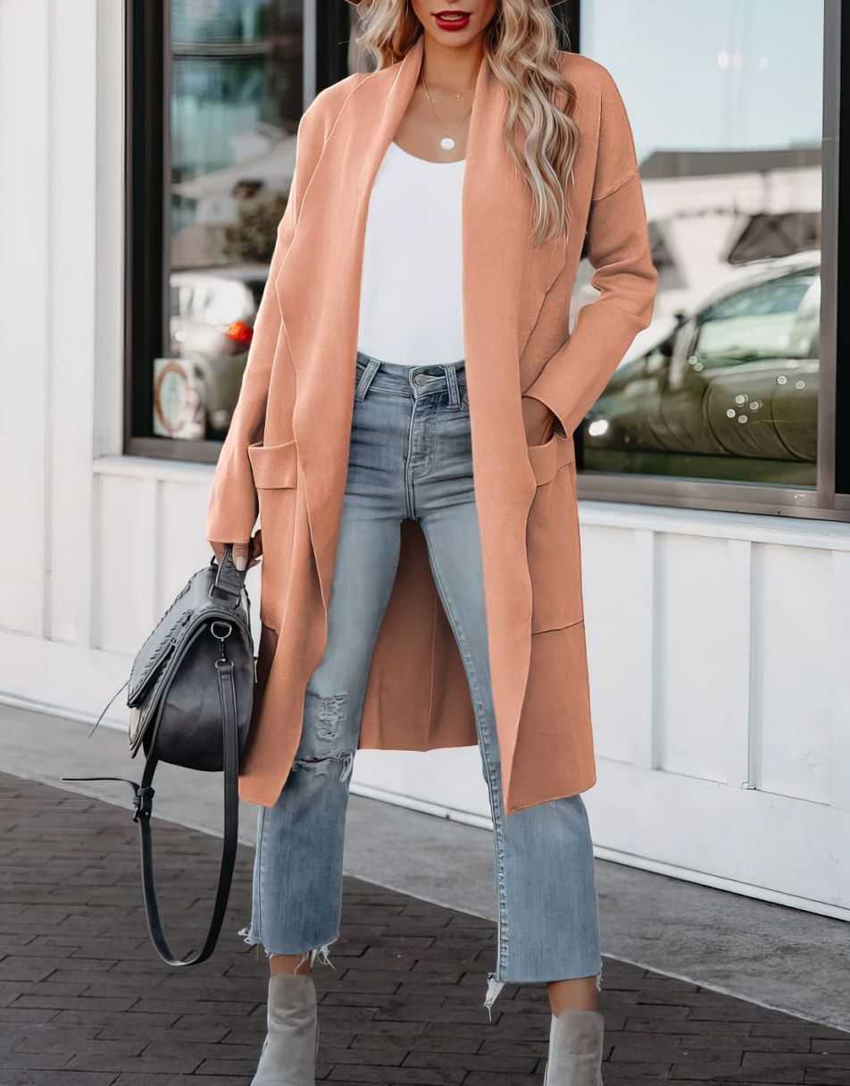 ANRABESS Damen Freizeit Langarm Drapierter Offener Strick Cardigan Jacken Pullover mit Taschen