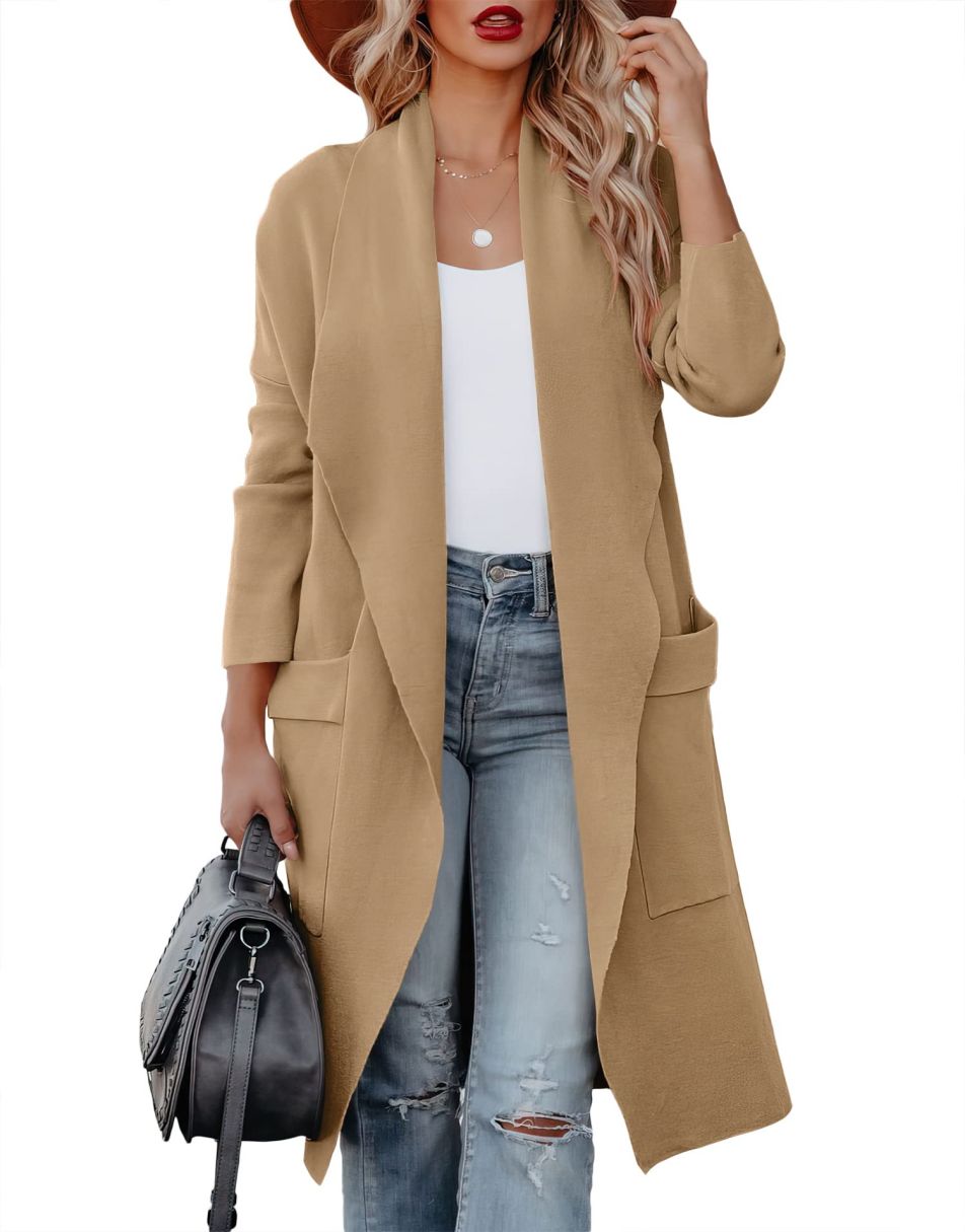 ANRABESS Damen Freizeit Langarm Drapierter Offener Strick Cardigan Jacken Pullover mit Taschen