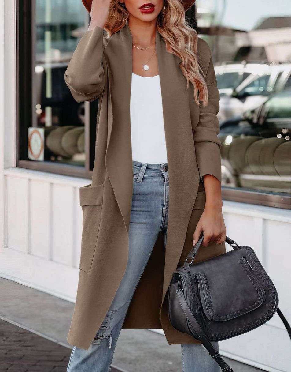 ANRABESS Damen Freizeit Langarm Drapierter Offener Strick Cardigan Jacken Pullover mit Taschen