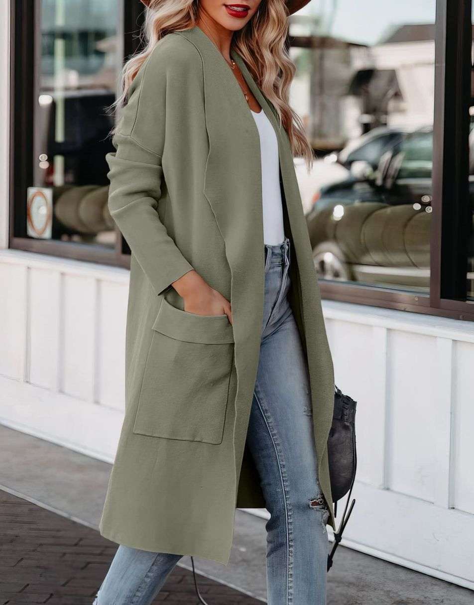 ANRABESS Damen Freizeit Langarm Drapierter Offener Strick Cardigan Jacken Pullover mit Taschen