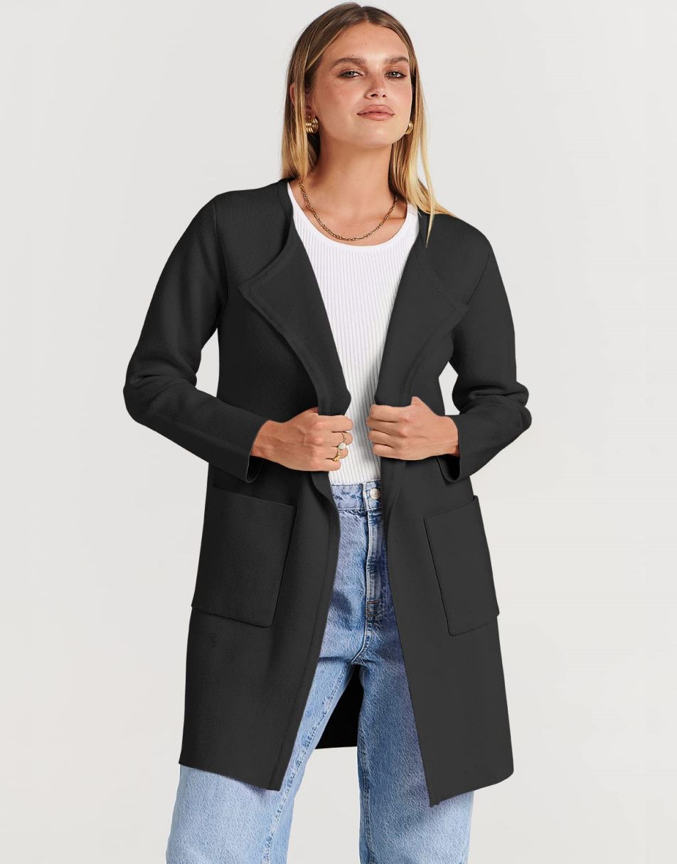 ANRABESS Damen Strickjacke mit offenem Vorderteil, Langarm, Revers, lässig, einfarbig, edel, Pullover-Jacke