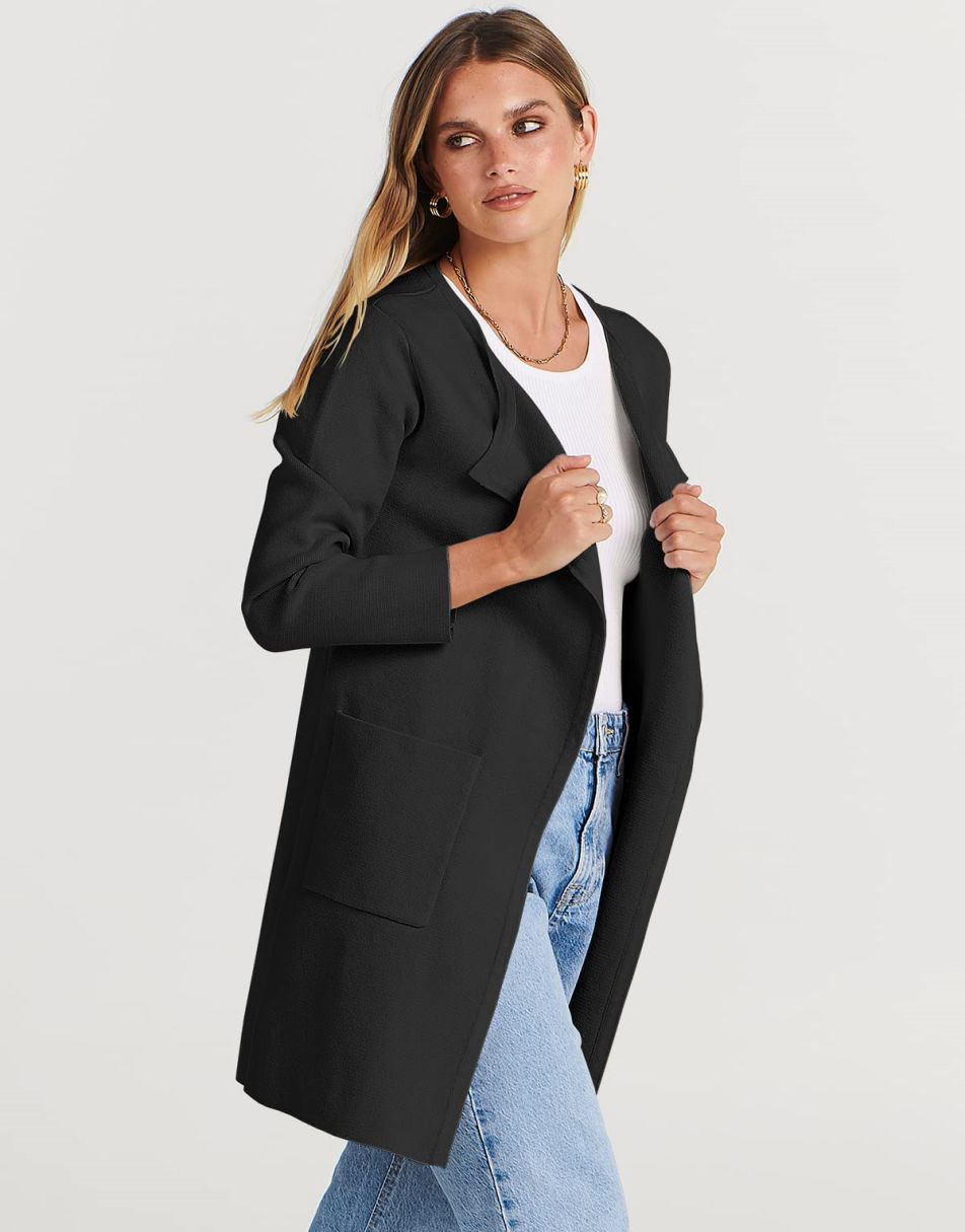 ANRABESS Damen Strickjacke mit offenem Vorderteil, Langarm, Revers, lässig, einfarbig, edel, Pullover-Jacke