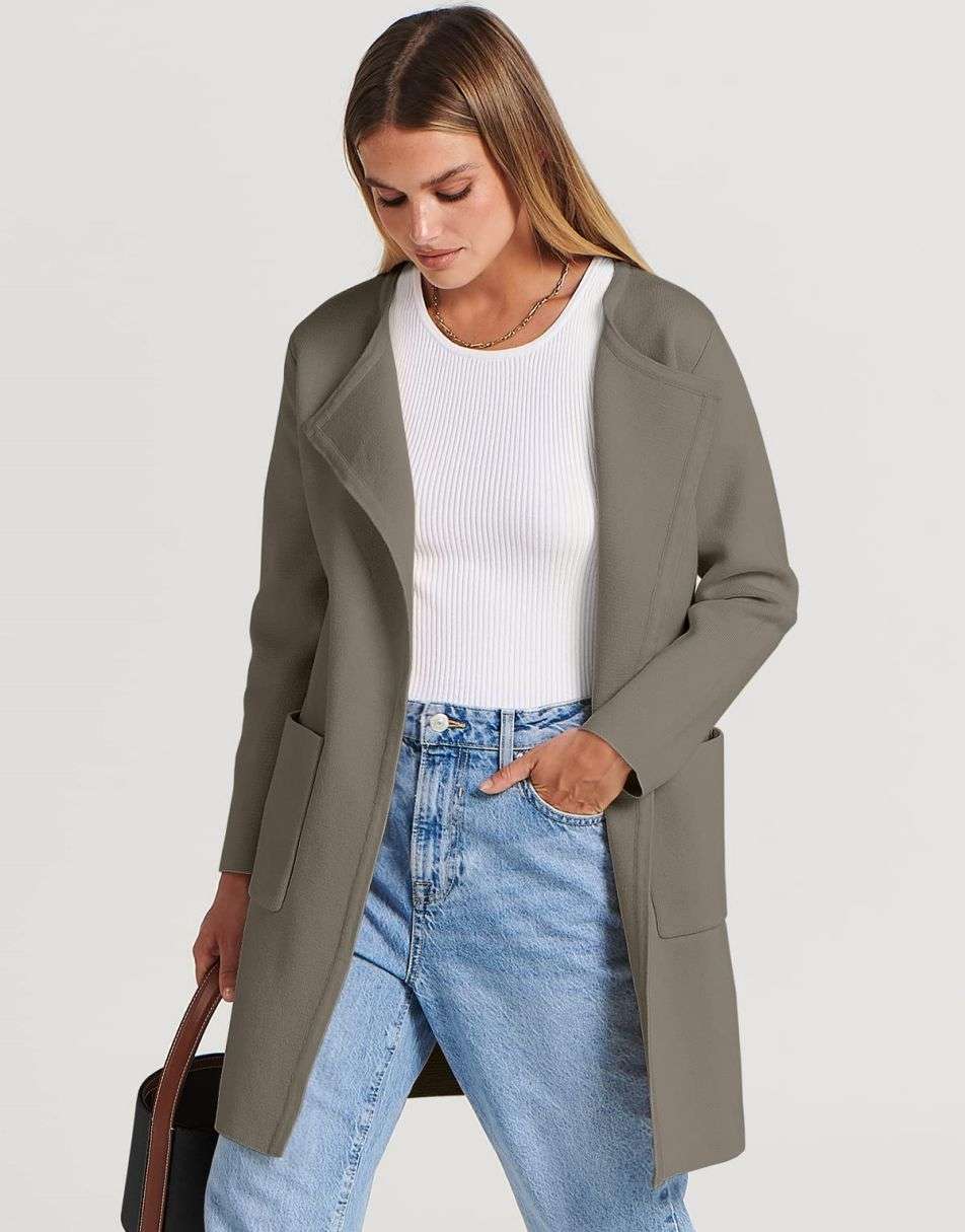ANRABESS Damen Strickjacke mit offenem Vorderteil, Langarm, Revers, lässig, einfarbig, edel, Pullover-Jacke