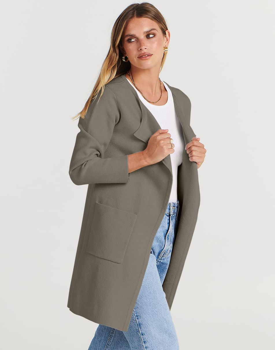 ANRABESS Damen Strickjacke mit offenem Vorderteil, Langarm, Revers, lässig, einfarbig, edel, Pullover-Jacke