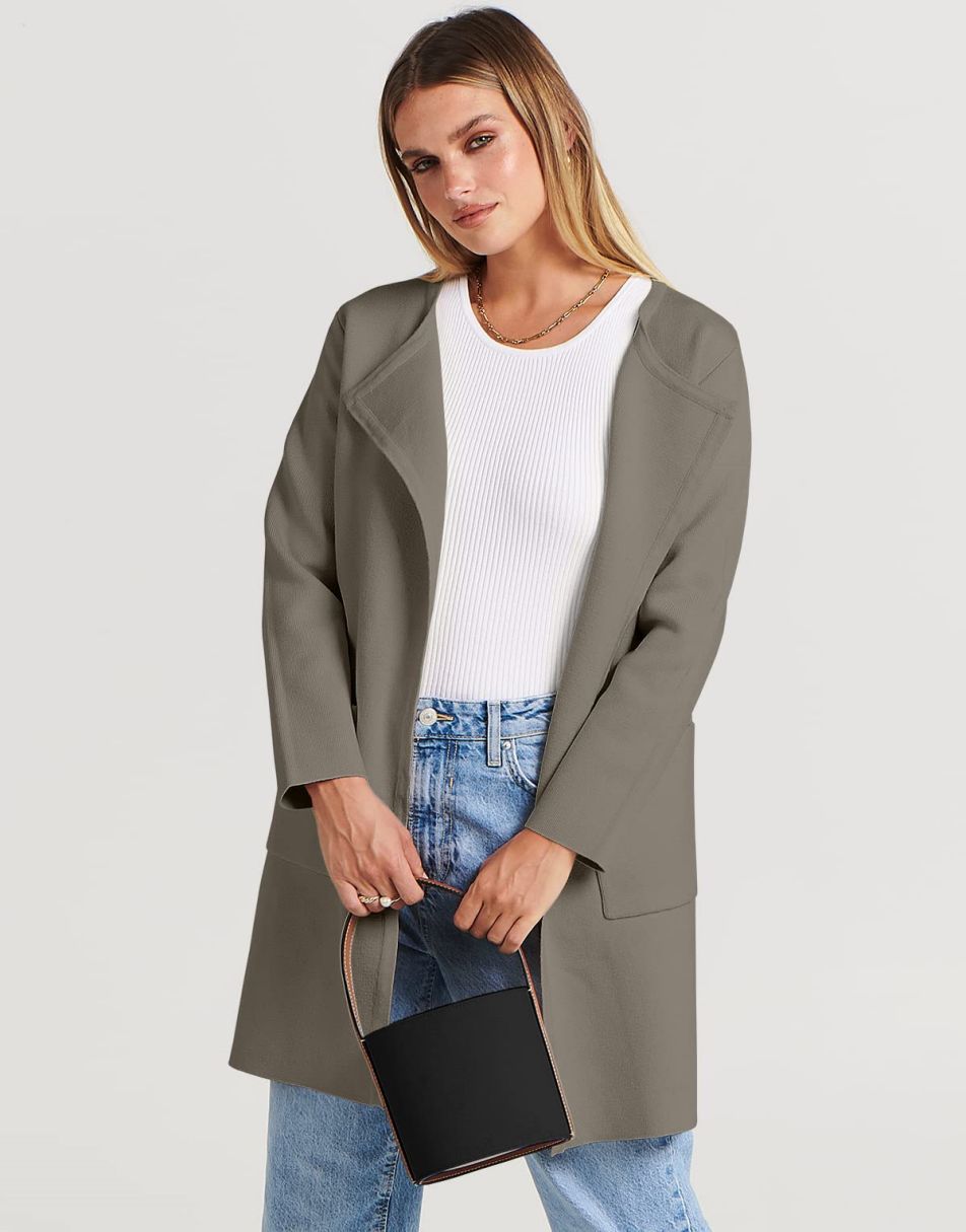 ANRABESS Damen Strickjacke mit offenem Vorderteil, Langarm, Revers, lässig, einfarbig, edel, Pullover-Jacke