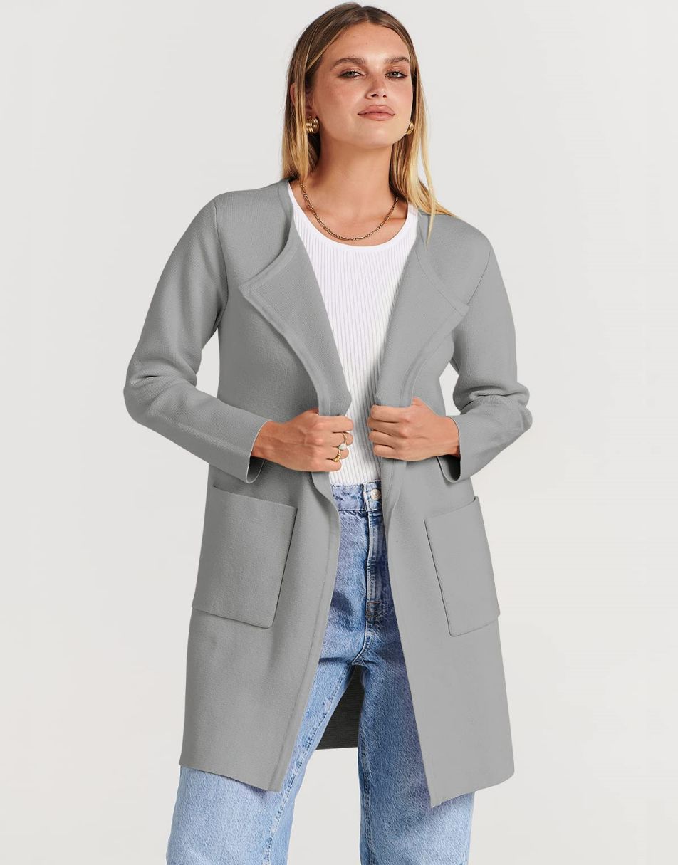 ANRABESS Damen Strickjacke mit offenem Vorderteil, Langarm, Revers, lässig, einfarbig, edel, Pullover-Jacke