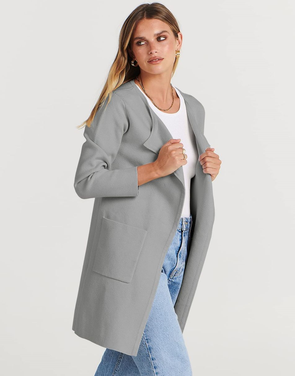 ANRABESS Damen Strickjacke mit offenem Vorderteil, Langarm, Revers, lässig, einfarbig, edel, Pullover-Jacke