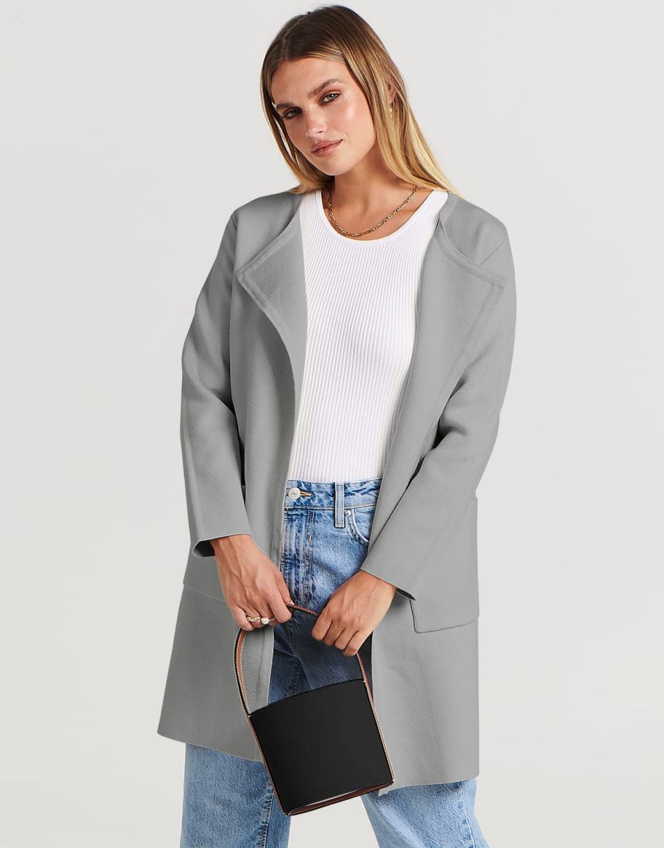 ANRABESS Damen Strickjacke mit offenem Vorderteil, Langarm, Revers, lässig, einfarbig, edel, Pullover-Jacke
