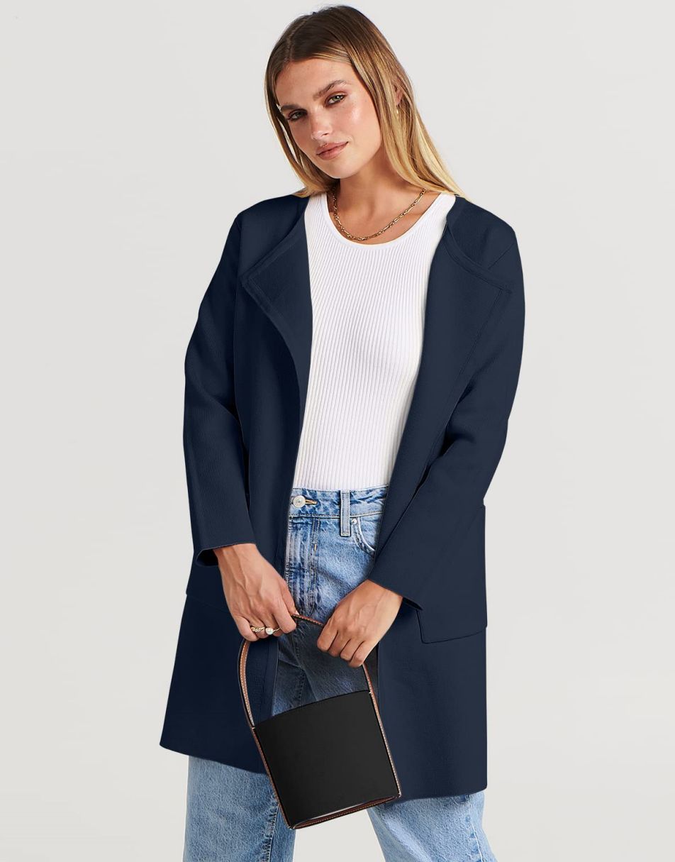 ANRABESS Damen Strickjacke mit offenem Vorderteil, Langarm, Revers, lässig, einfarbig, edel, Pullover-Jacke