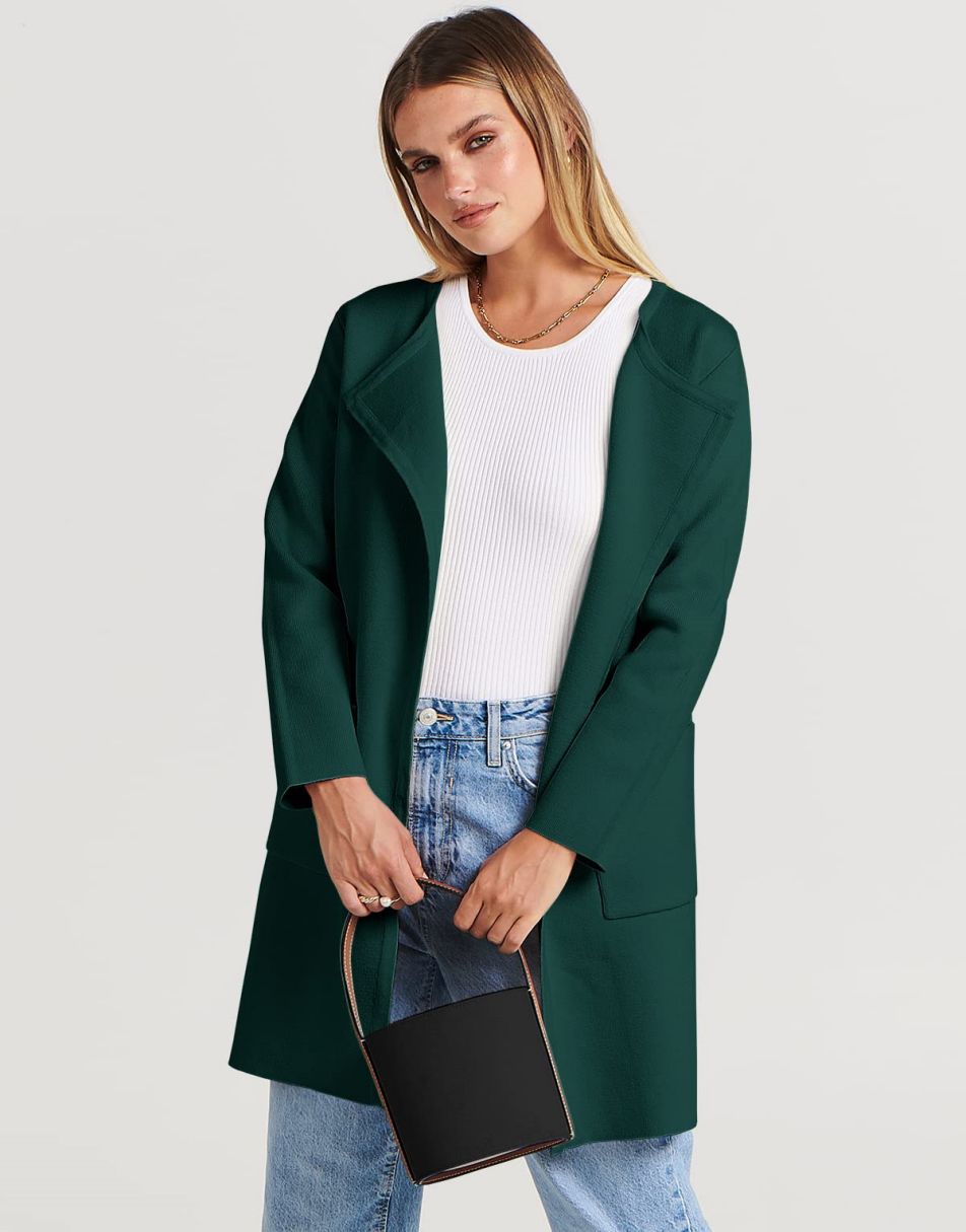 ANRABESS Damen Strickjacke mit offenem Vorderteil, Langarm, Revers, lässig, einfarbig, edel, Pullover-Jacke