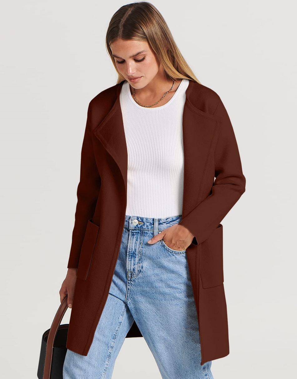 ANRABESS Damen Strickjacke mit offenem Vorderteil, Langarm, Revers, lässig, einfarbig, edel, Pullover-Jacke