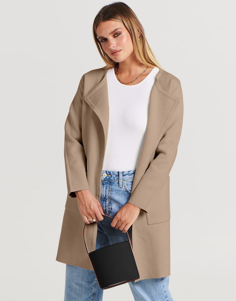 ANRABESS Damen Strickjacke mit offenem Vorderteil, Langarm, Revers, lässig, einfarbig, edel, Pullover-Jacke