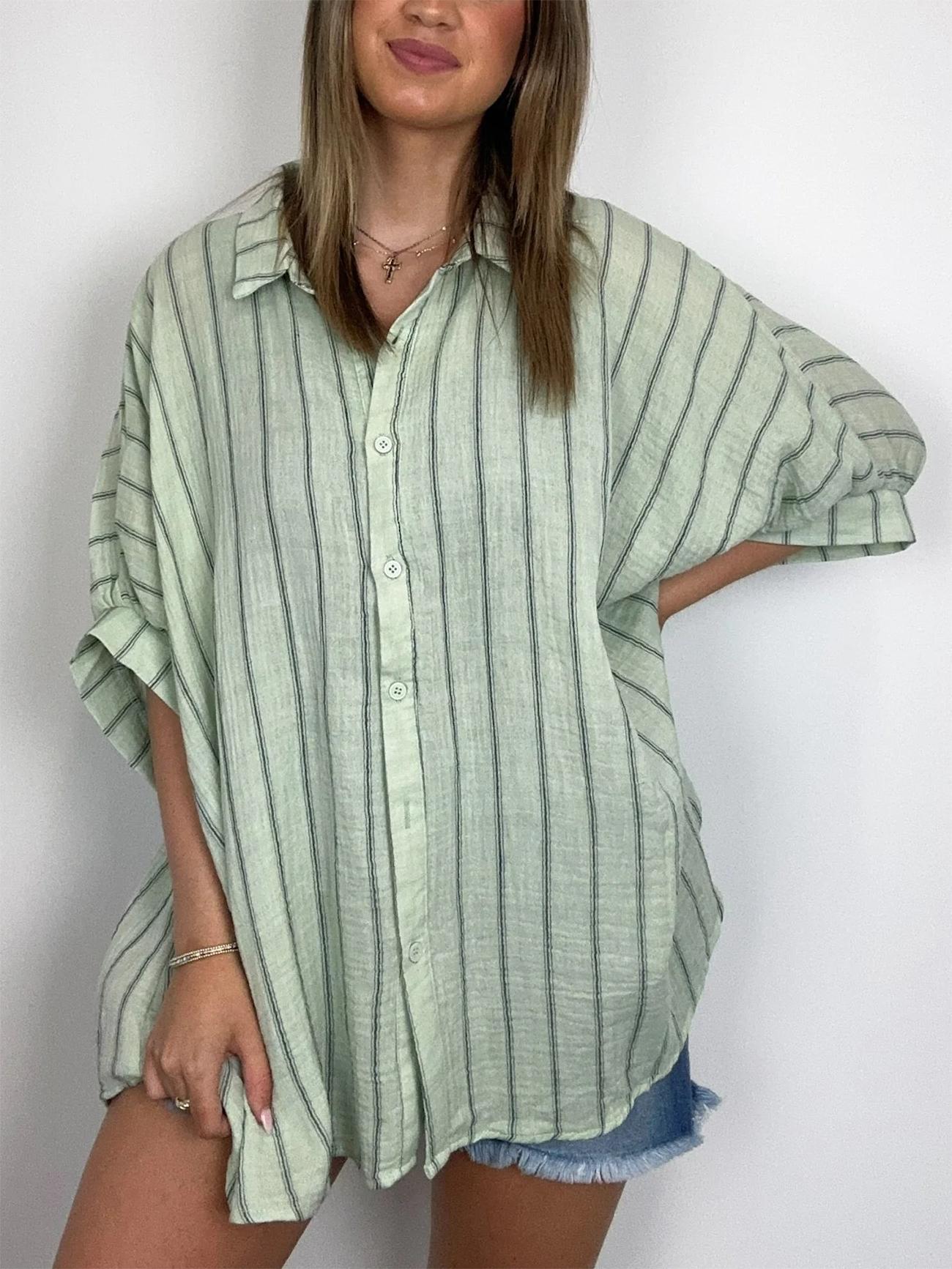 Damen Oversized Gestreiftes Button-Down-Oberteil (2 kaufen, kostenloser Versand)