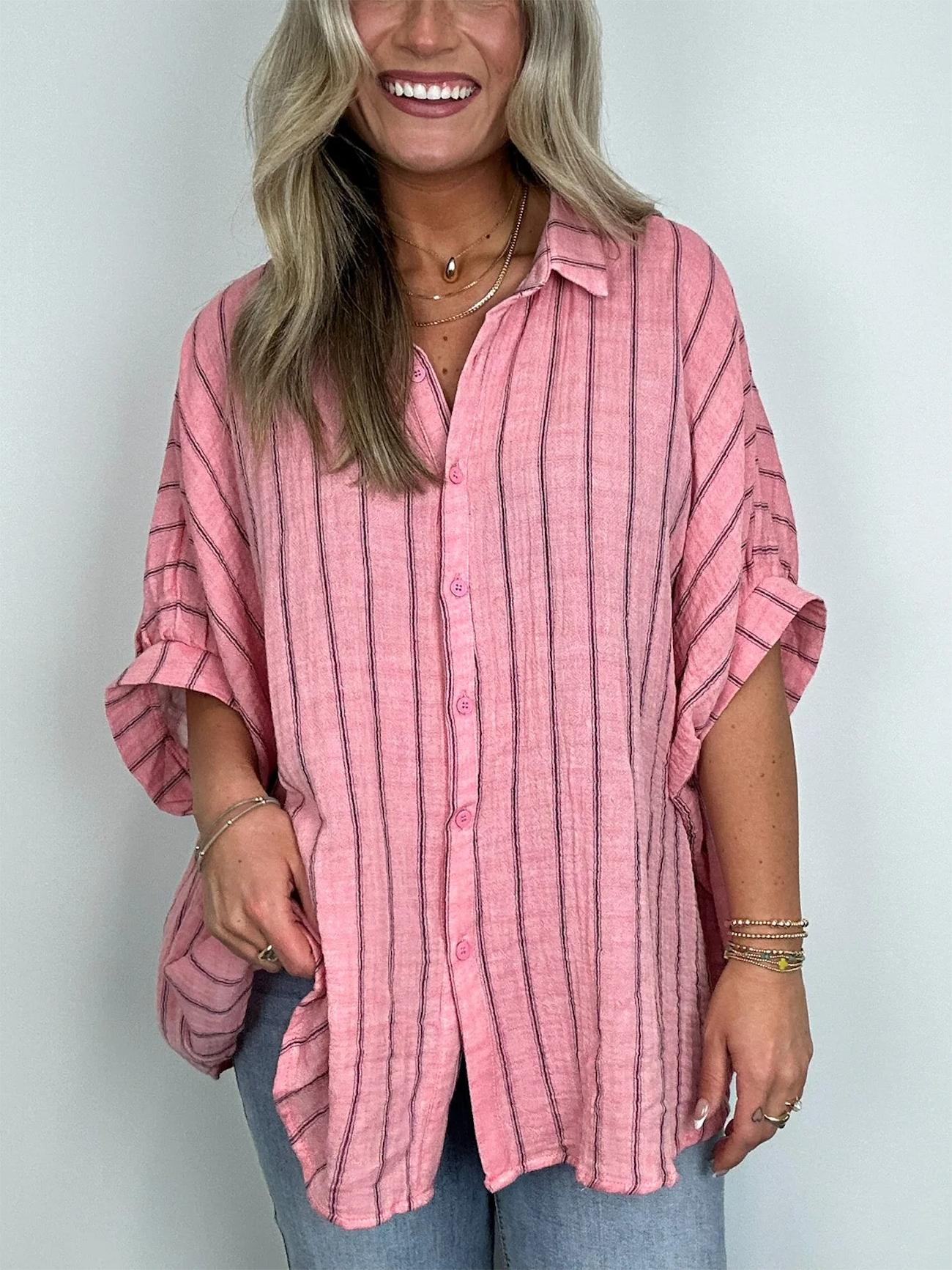 Damen Oversized Gestreiftes Button-Down-Oberteil (2 kaufen, kostenloser Versand)