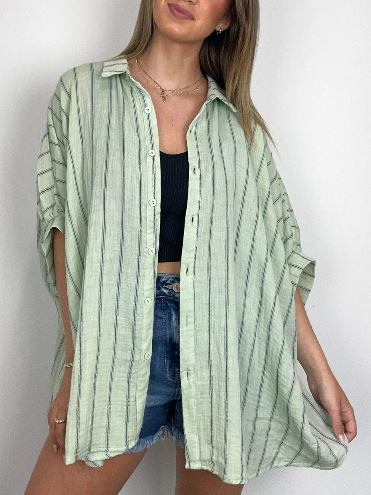 Damen Oversized Gestreiftes Button-Down-Oberteil (2 kaufen, kostenloser Versand)
