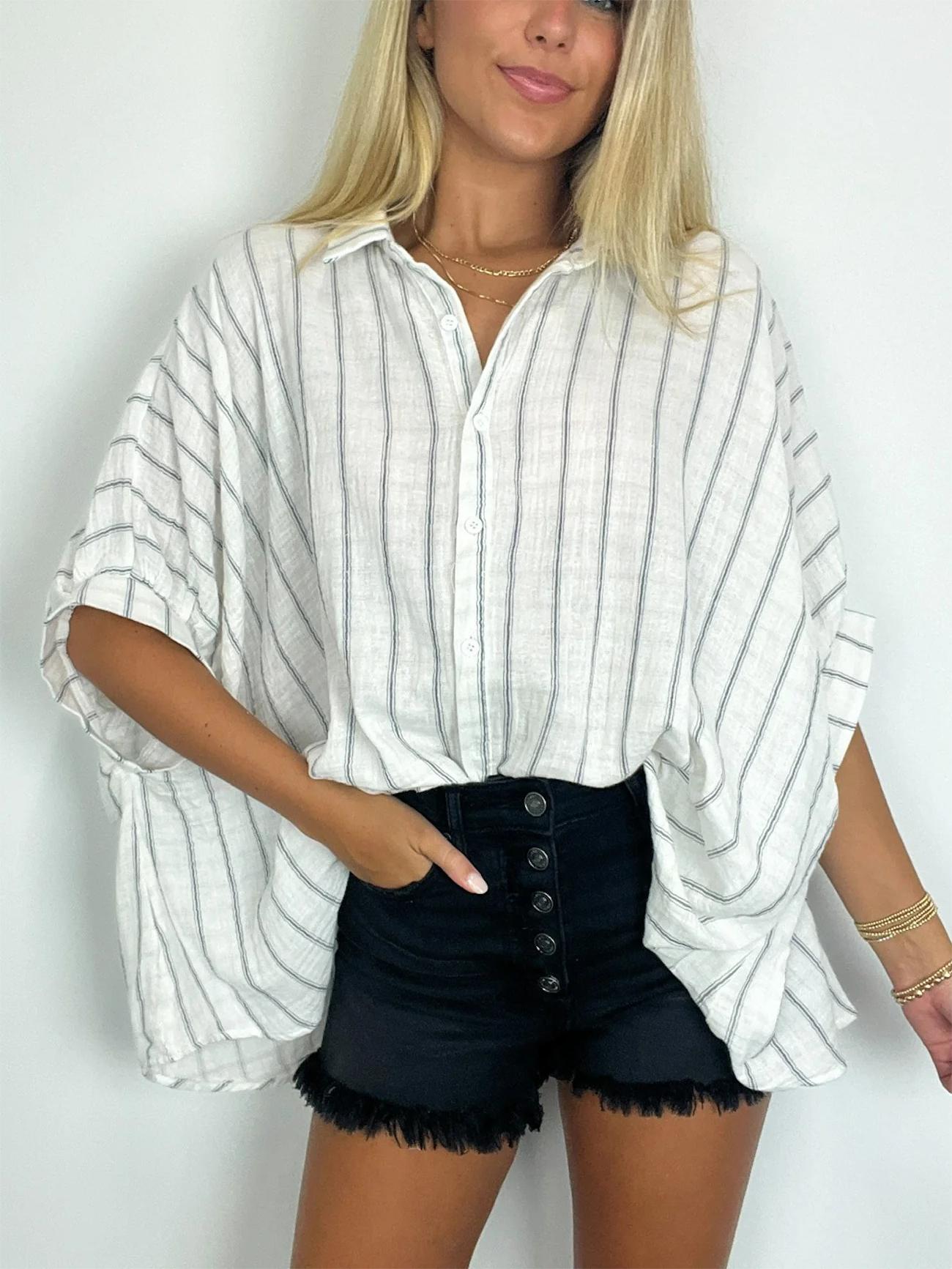 Damen Oversized Gestreiftes Button-Down-Oberteil (2 kaufen, kostenloser Versand)