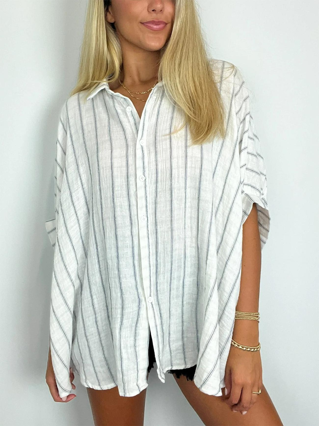 Damen Oversized Gestreiftes Button-Down-Oberteil (2 kaufen, kostenloser Versand)