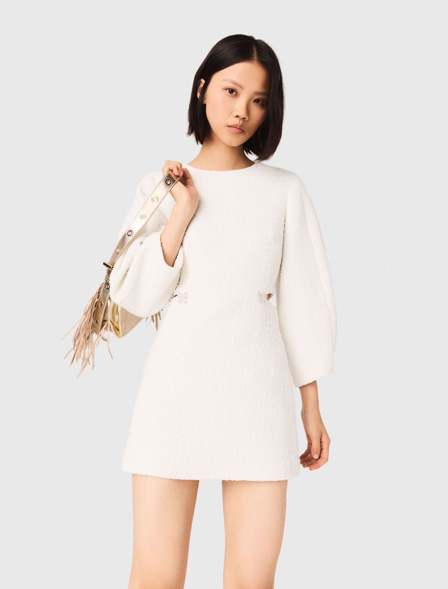 Short balloon-sleeve tweed dress
