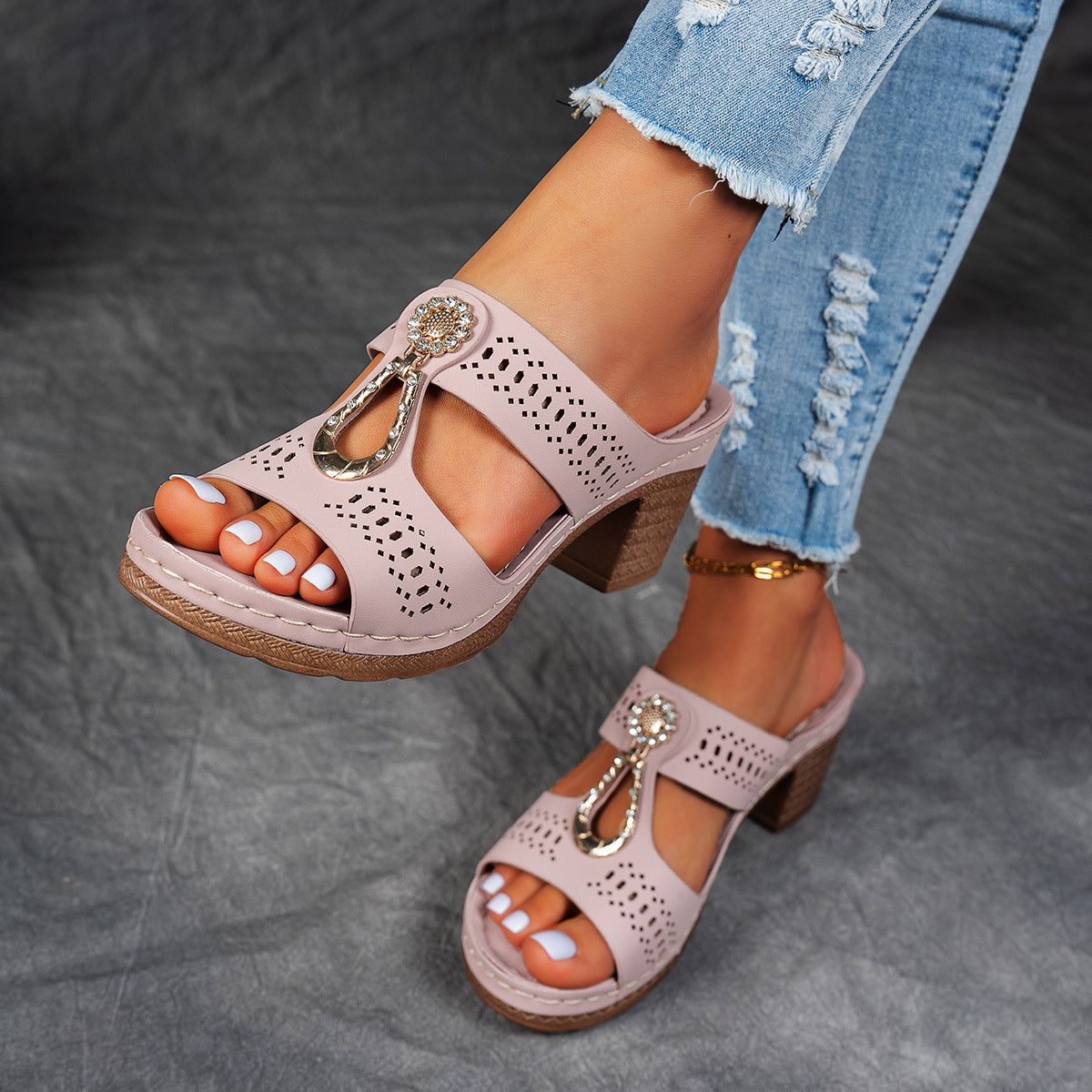 Orthopedic Rhinestones Heel Sandals