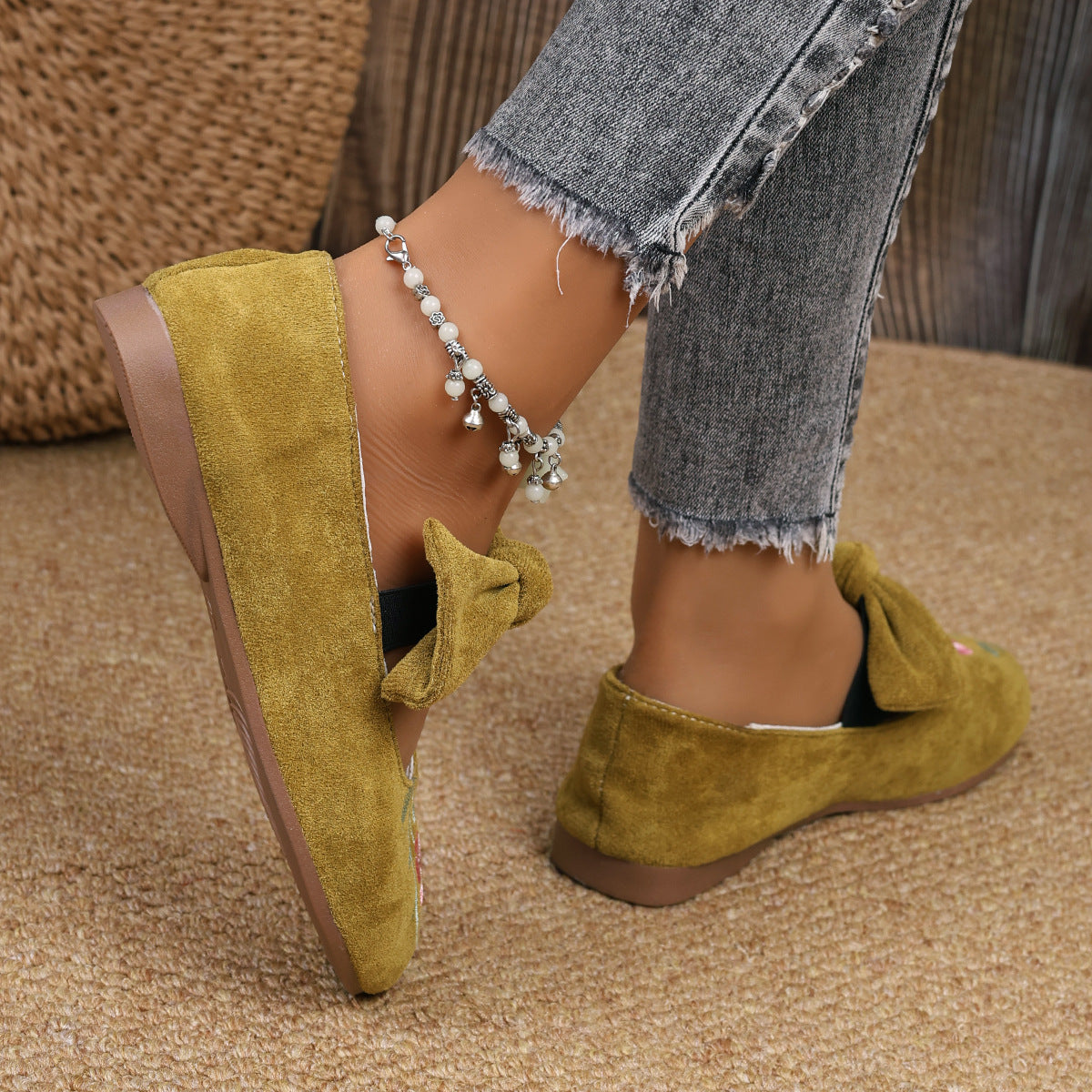 New Embroidered Bow Flat Mary Jane Shoes