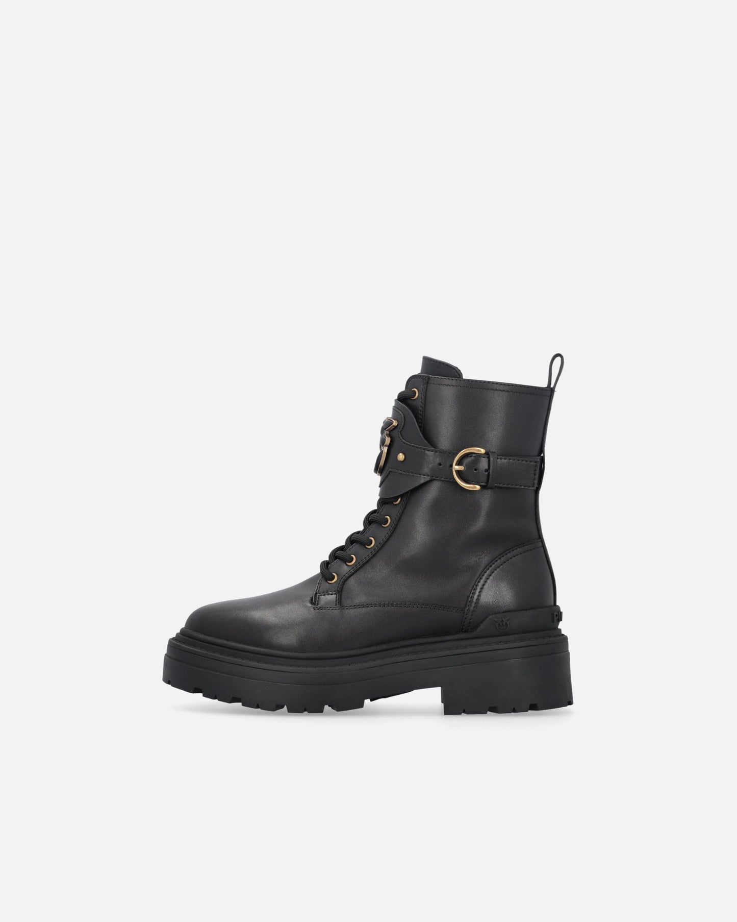 Leather combat boots with branded front strap