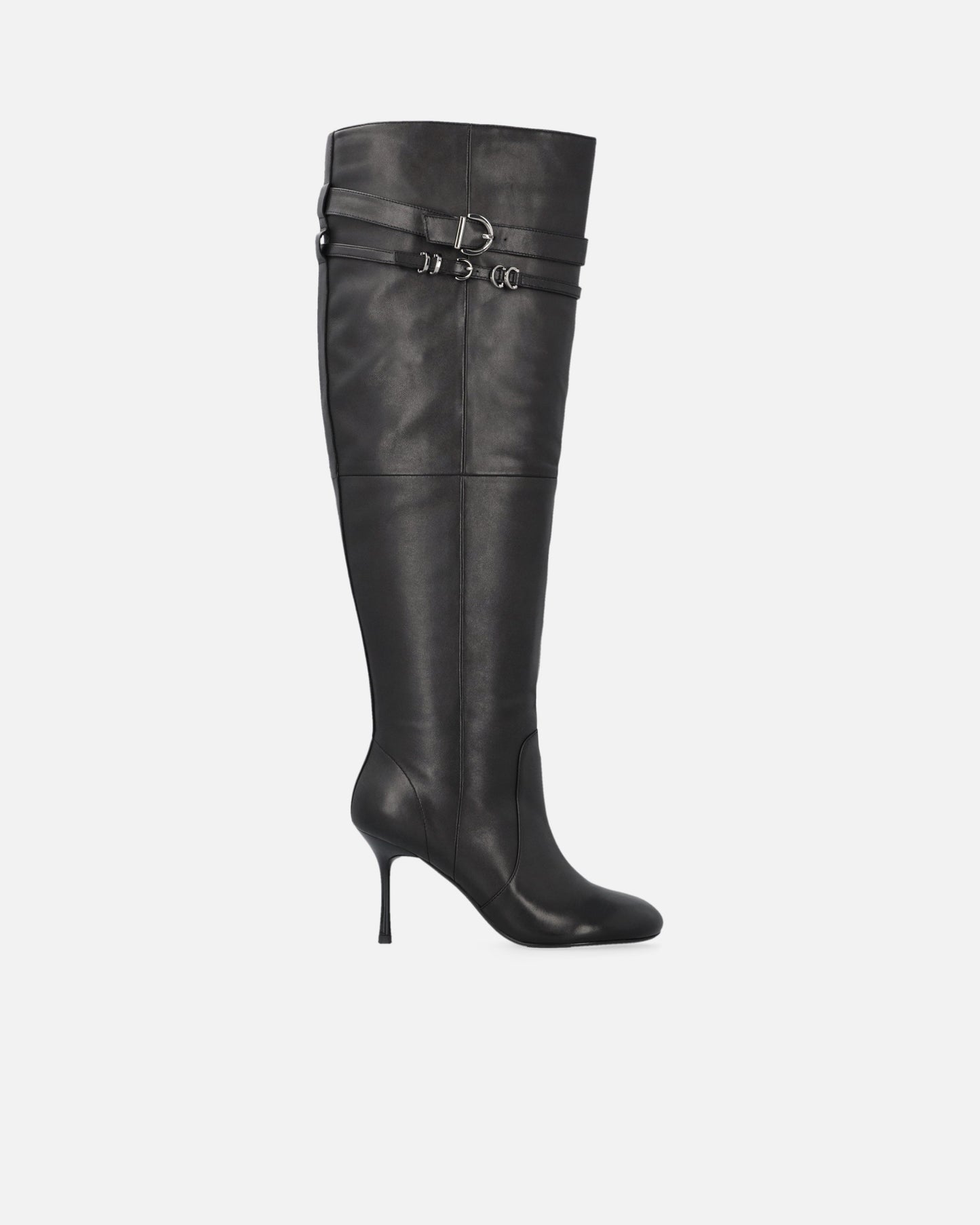 Knee-high nappa leather boots with heel and strap