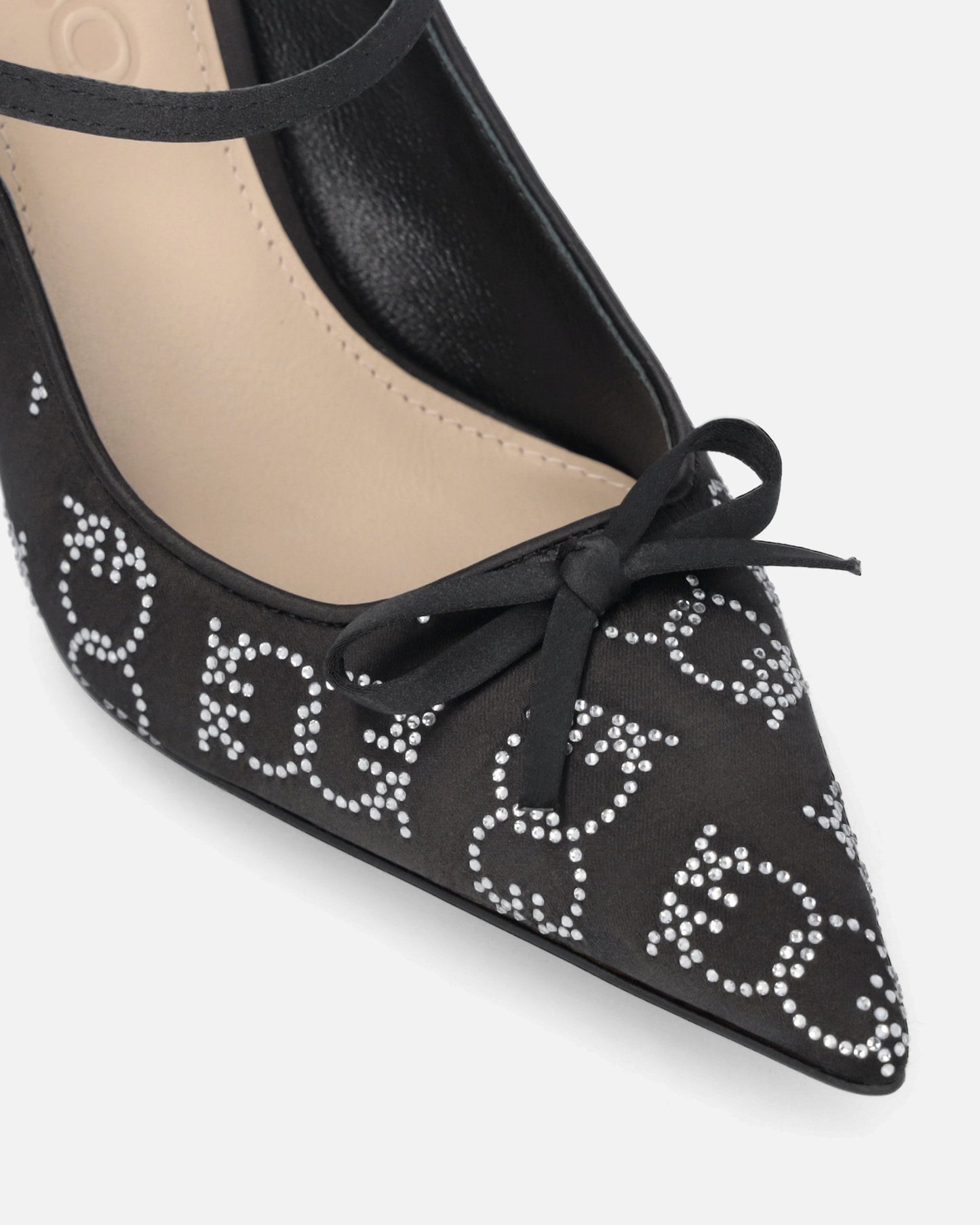 Rhinestoned satin slip-ons with heel