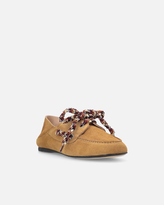 Suede moccasins with multicoloured laces