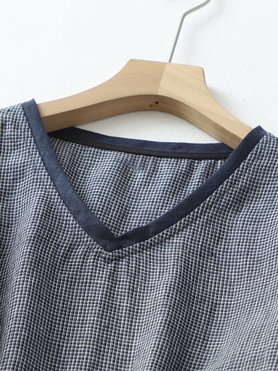 Damen Vintage Karomuster V-Ausschnitt Krawatte Halbarmkleid