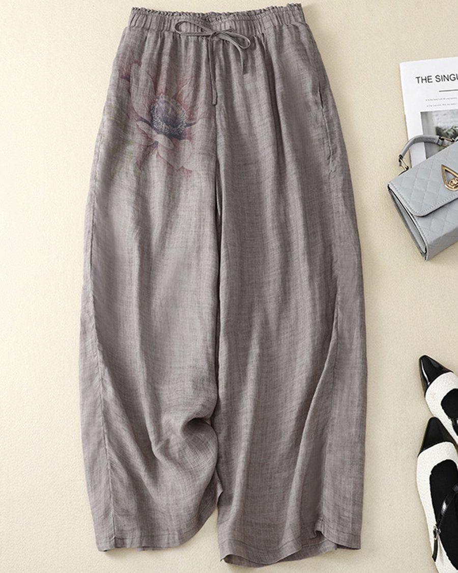 Baumwoll-Leinen-Hose mit platziertem Print und lässigem Temperament