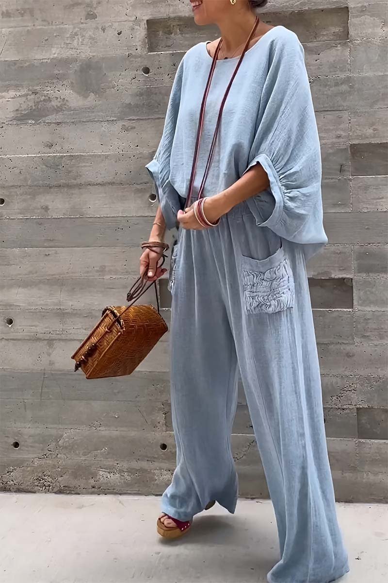 Damen Freizeit-Fledermausärmel-Oberteil und Hose, zweiteiliges Set aus Baumwolle und Leinen