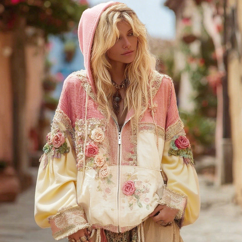 Damen Kapuzenpullover mit Blumenstickerei, Farbblock und Reißverschluss im Boho-Stil