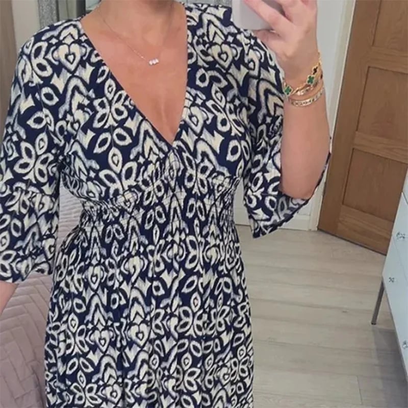 Böhmisches lässiges V-Ausschnitt-Wickelkleid mit Print und langer Taille