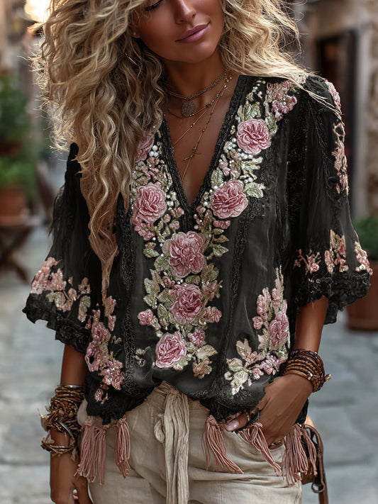 Women's Vintage Rose Embroidery Art Comfy Linen Shirts